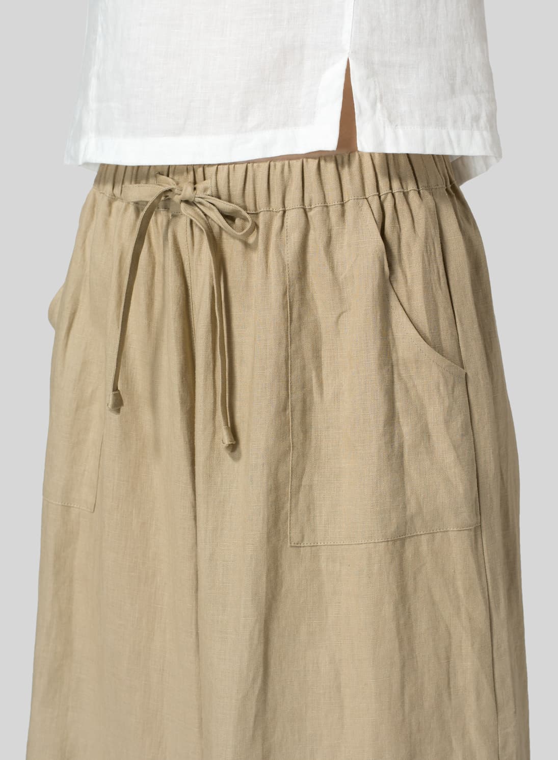 KHAKI BEIGE LINEN FULL ELASTIC WIDE LEG PANTS