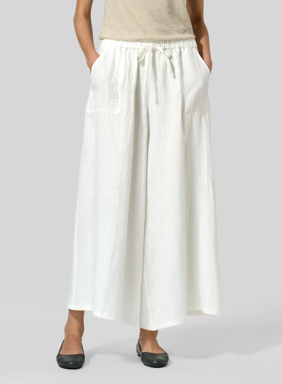 OFF WHITE LINEN FULL ELASTIC WIDE LEG PANTS