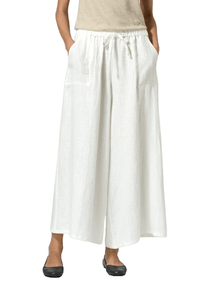 OFF WHITE LINEN FULL ELASTIC WIDE LEG PANTS