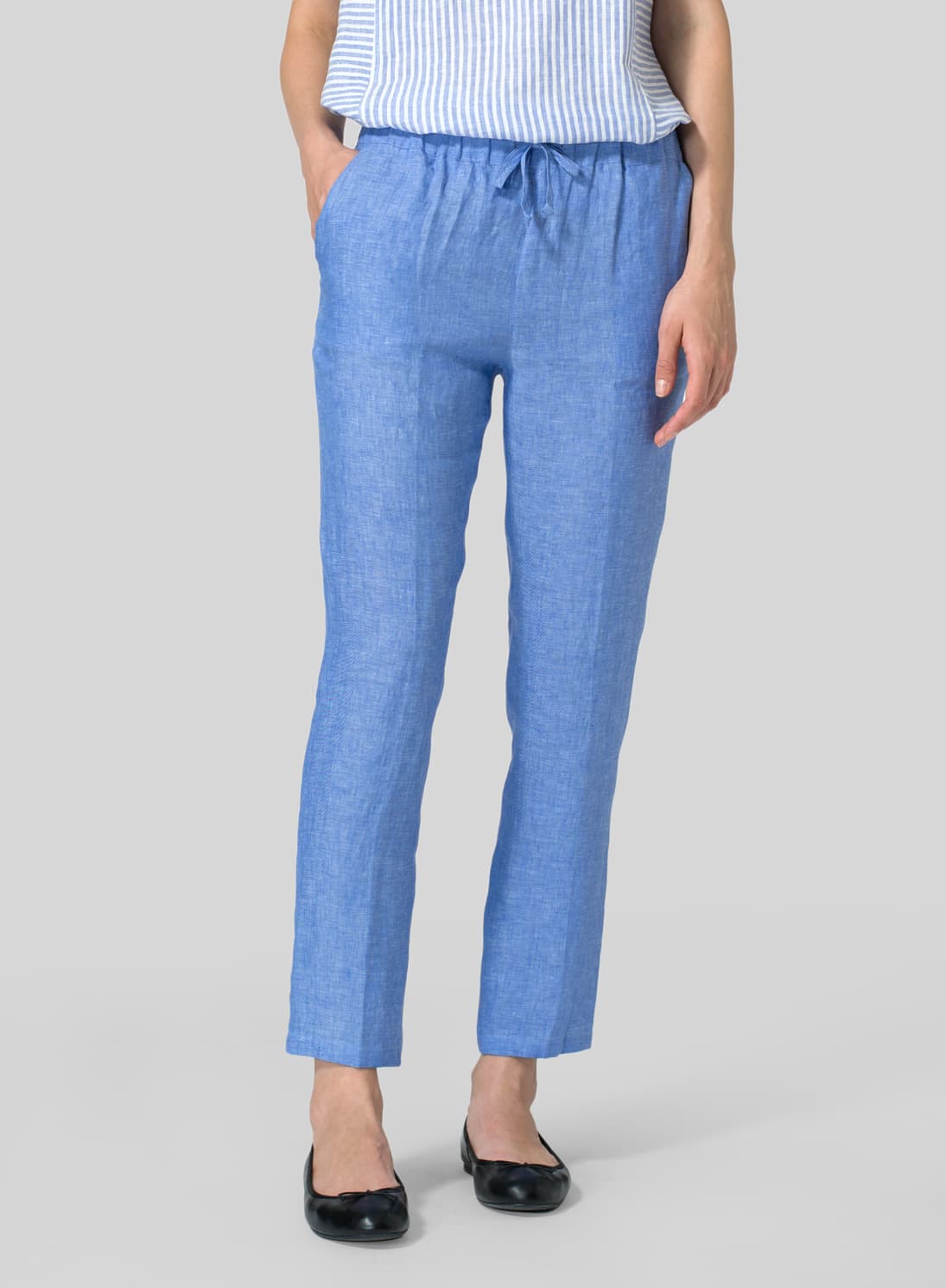 SKY BLUE LINEN LOW RISE SLIM ANKLE LENGTH PANTS