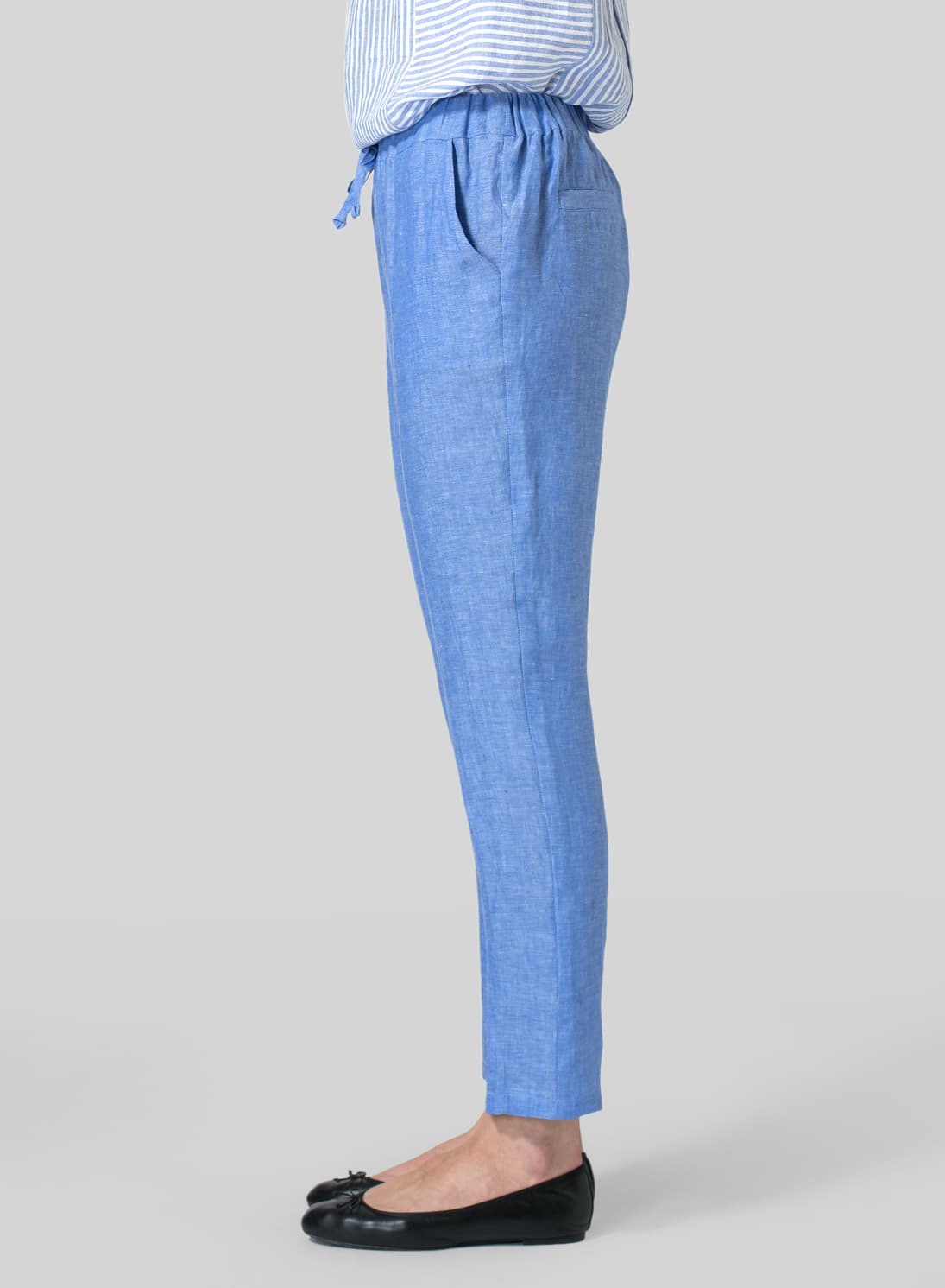 SKY BLUE LINEN LOW RISE SLIM ANKLE LENGTH PANTS