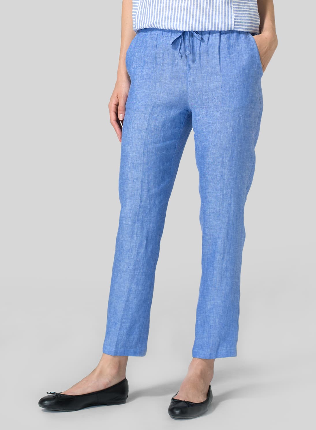 SKY BLUE LINEN LOW RISE SLIM ANKLE LENGTH PANTS