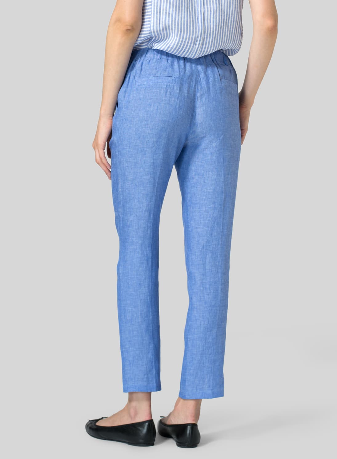 SKY BLUE LINEN LOW RISE SLIM ANKLE LENGTH PANTS