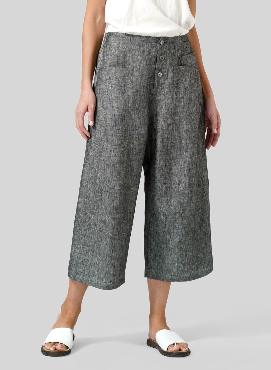 TWO TONE BLACK LINEN WIDE LEG CROP PANTS