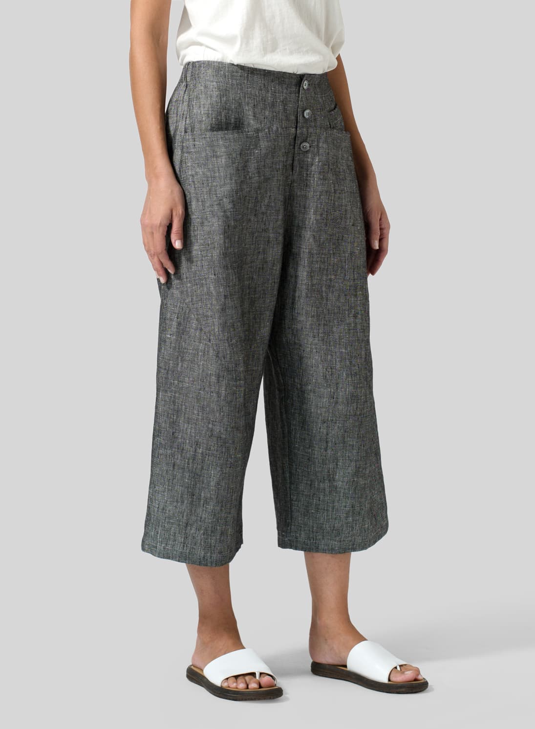 TWO TONE BLACK LINEN WIDE LEG CROP PANTS