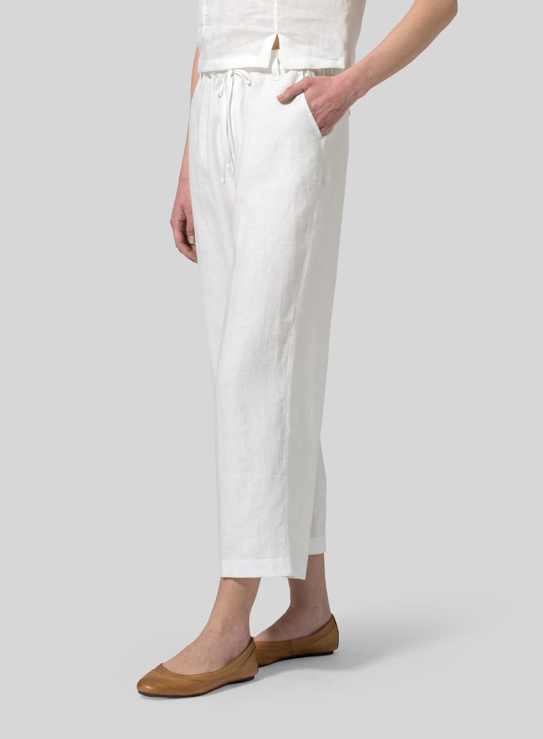 WHITE LINEN DRAWSTRING CASUAL PANTS