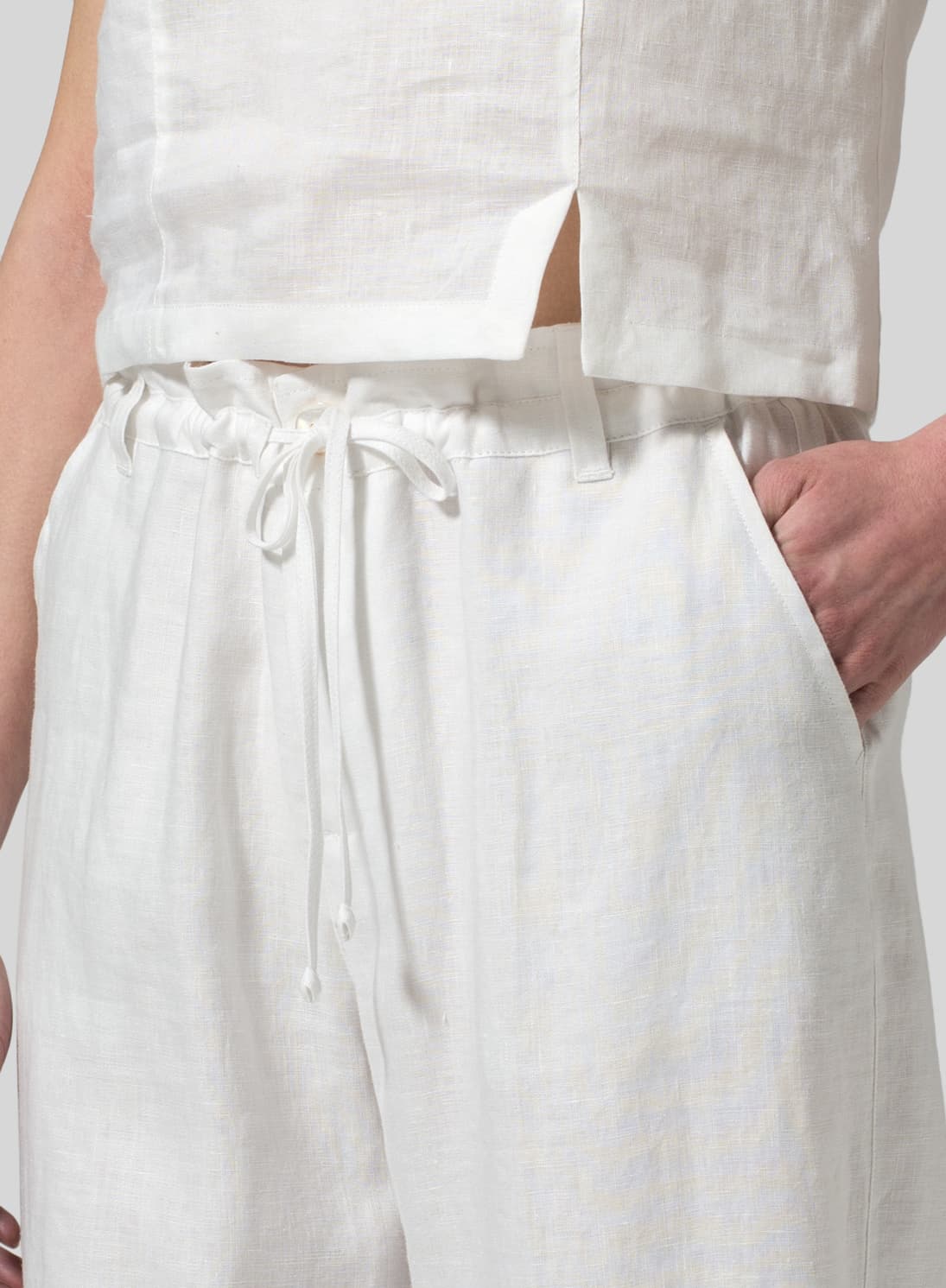 WHITE LINEN DRAWSTRING CASUAL PANTS