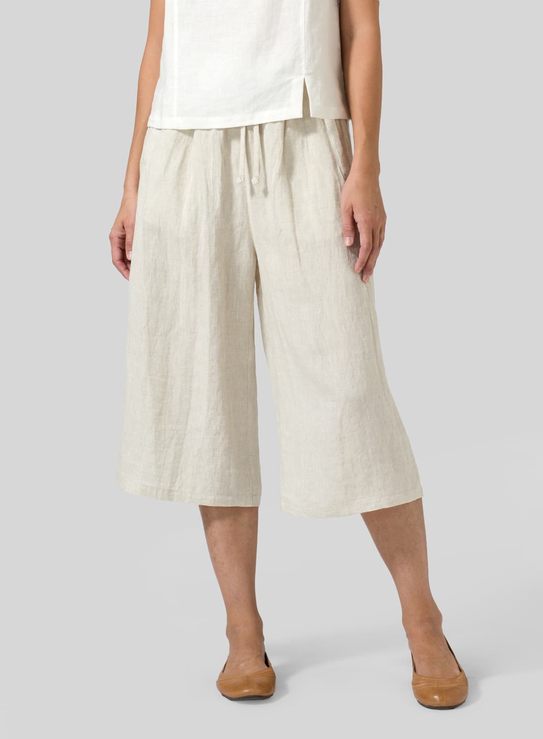 OAT LINEN STRAIGHT ELASTIC CROPPED PANTS
