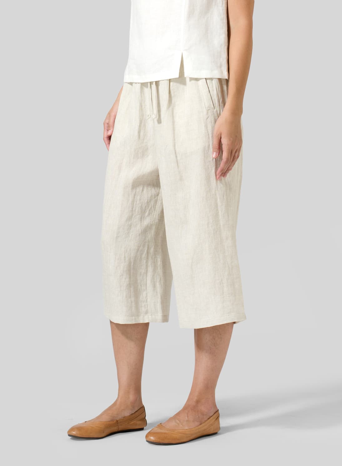 OAT LINEN STRAIGHT ELASTIC CROPPED PANTS