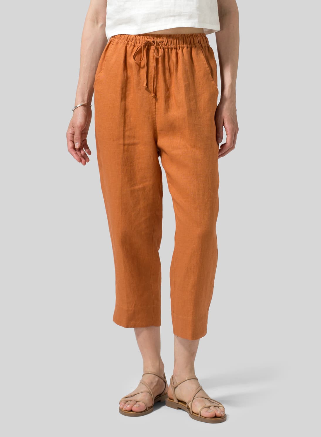 SUN ORANGE LINEN SMOOTH WAIST SLIM CROPPED PANTS