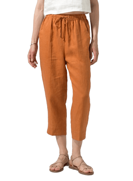 SUN ORANGE LINEN SMOOTH WAIST SLIM CROPPED PANTS