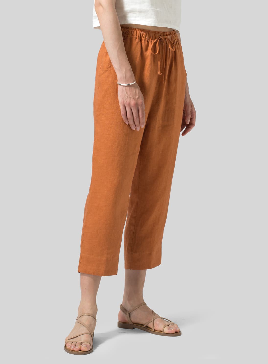 SUN ORANGE LINEN SMOOTH WAIST SLIM CROPPED PANTS