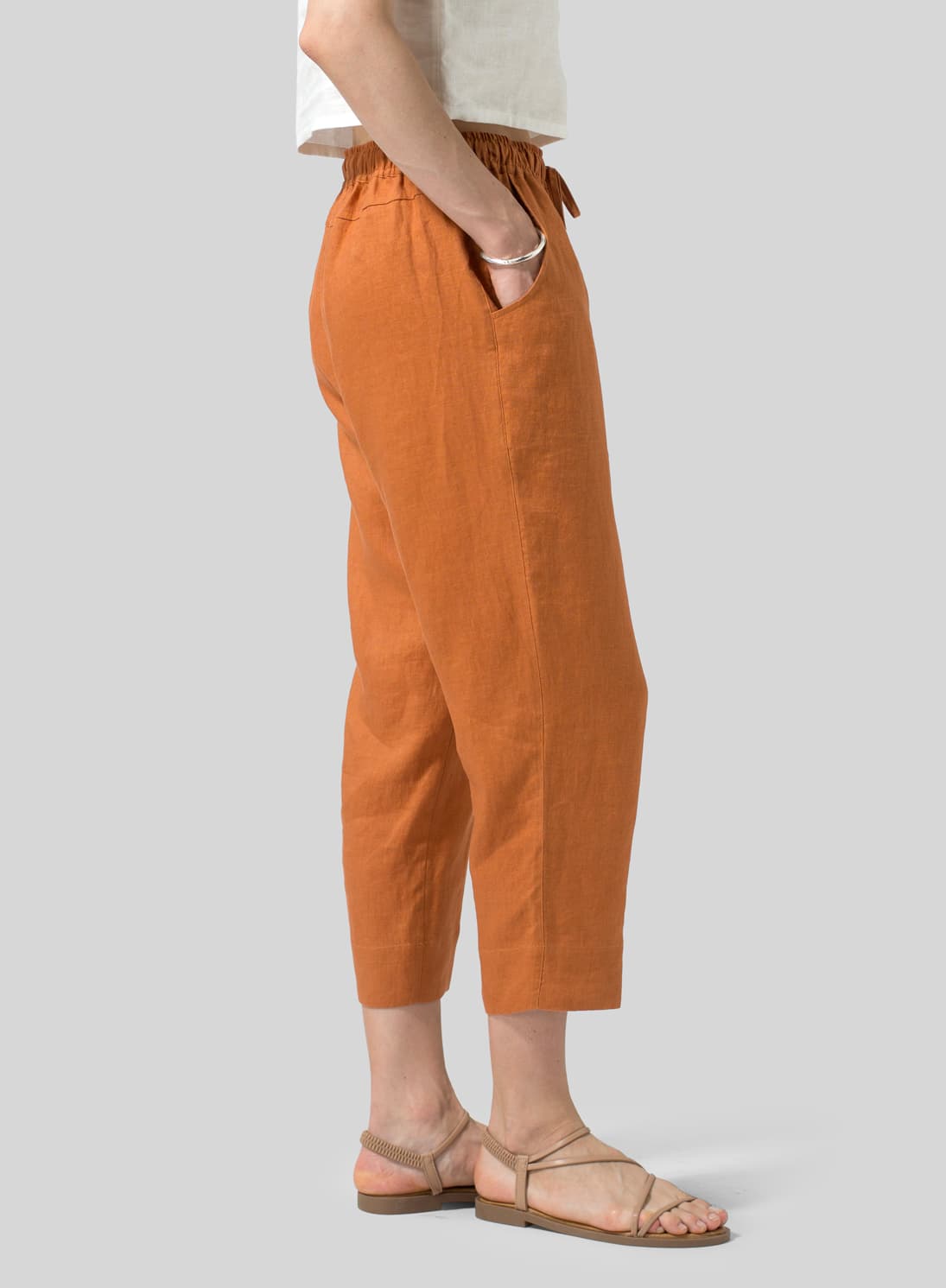 SUN ORANGE LINEN SMOOTH WAIST SLIM CROPPED PANTS