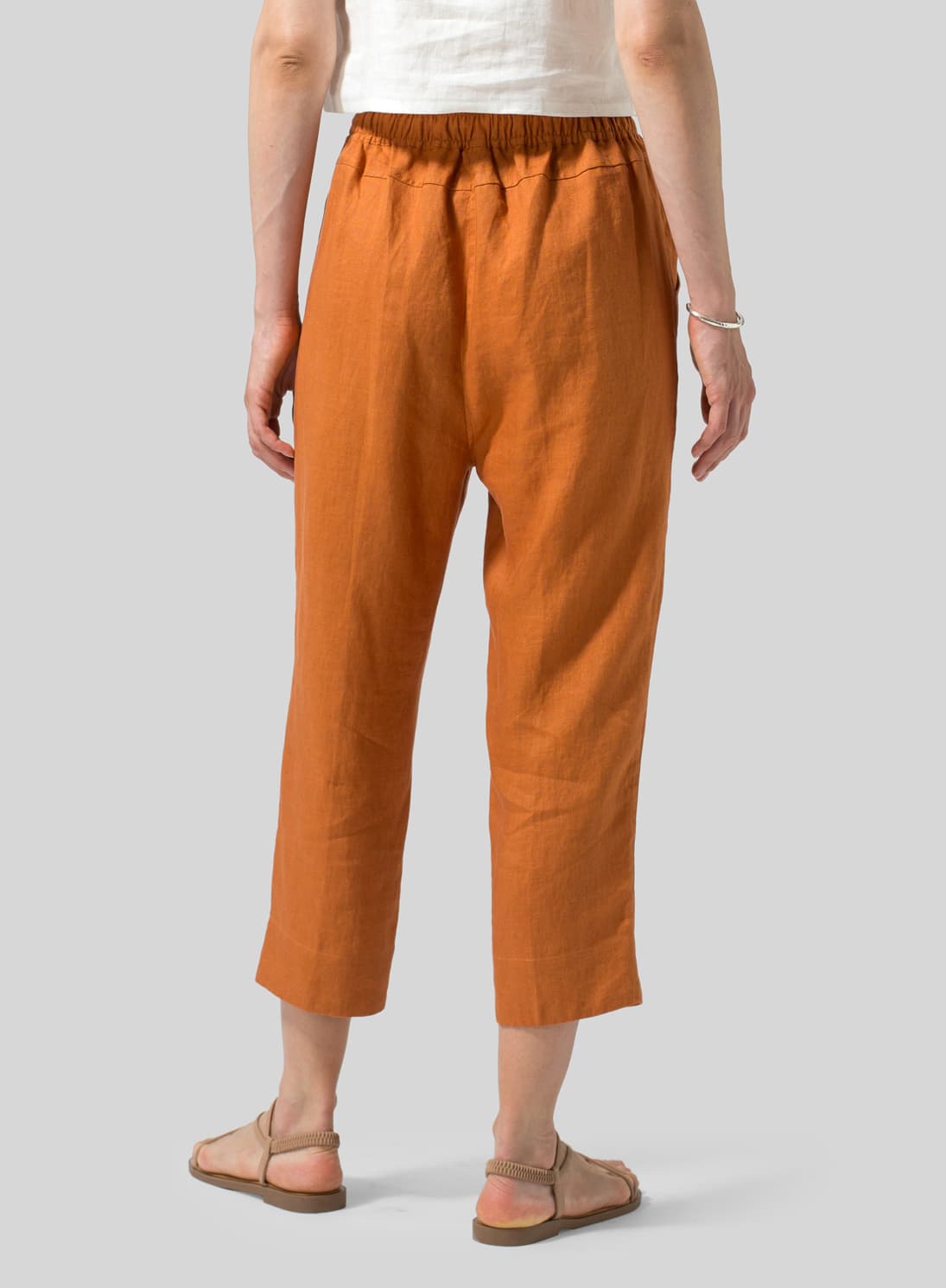 SUN ORANGE LINEN SMOOTH WAIST SLIM CROPPED PANTS