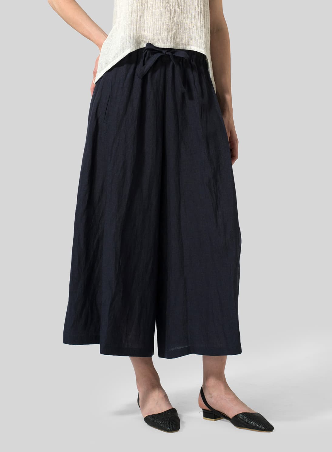 NAVY LINEN CROPPED WIDE LEG LOUNGE PANTS