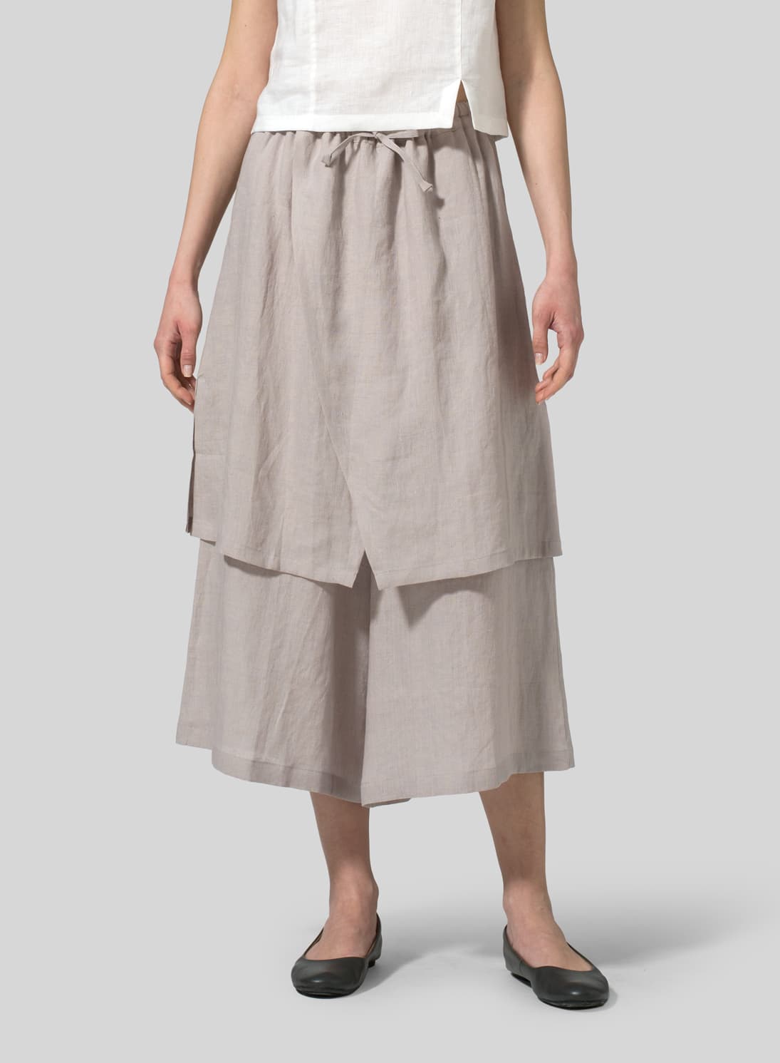 SAND BEIGE  COLOR LINEN TWO LAYER DRAWSTRING LONG CULOTTES