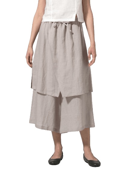 SAND BEIGE  COLOR LINEN TWO LAYER DRAWSTRING LONG CULOTTES