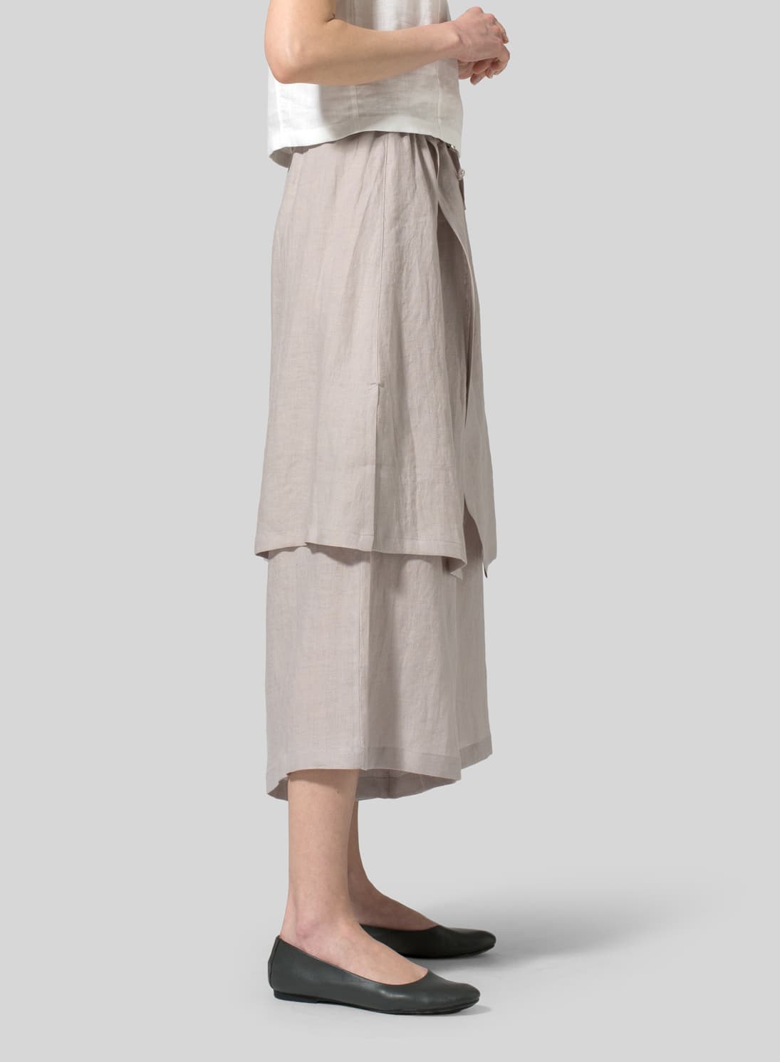 SAND BEIGE  COLOR LINEN TWO LAYER DRAWSTRING LONG CULOTTES