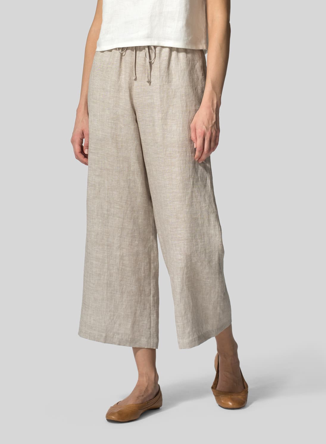 TWO TONE BEIGE LINEN DRAWSTRING CROPPED PANTS