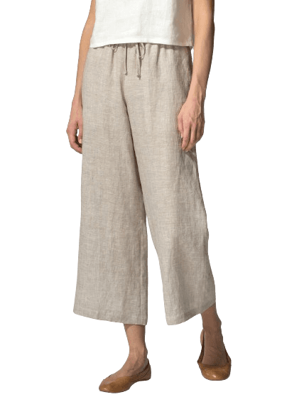 TWO TONE BEIGE LINEN DRAWSTRING CROPPED PANTS