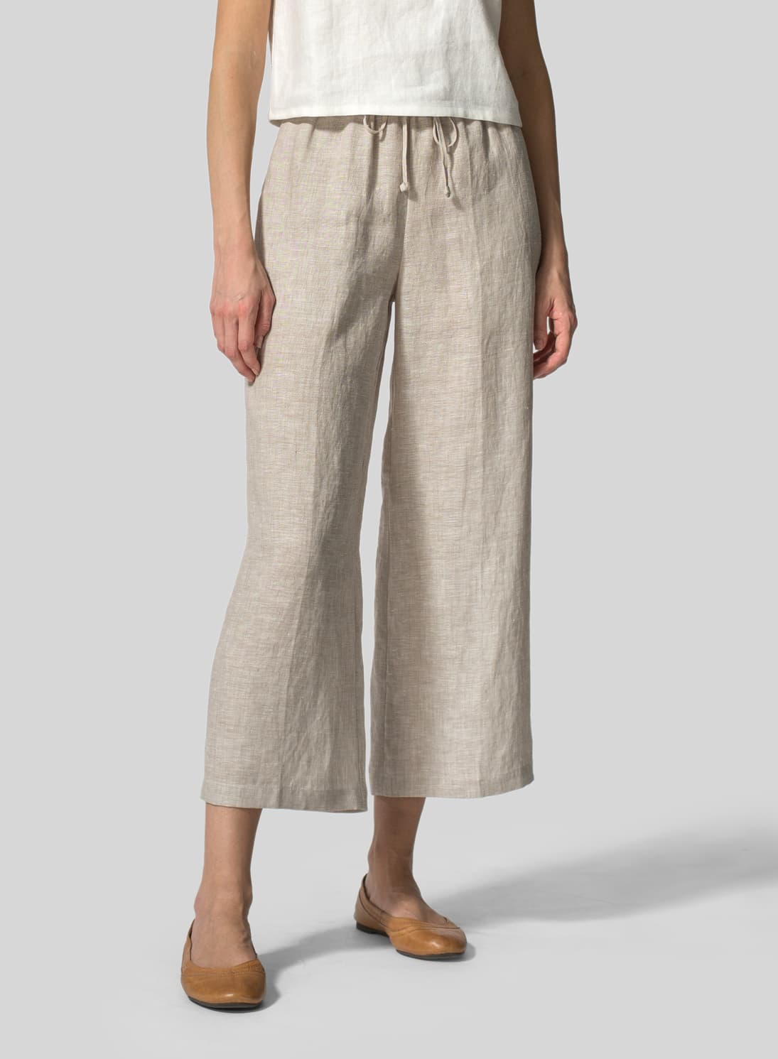 TWO TONE BEIGE LINEN DRAWSTRING CROPPED PANTS