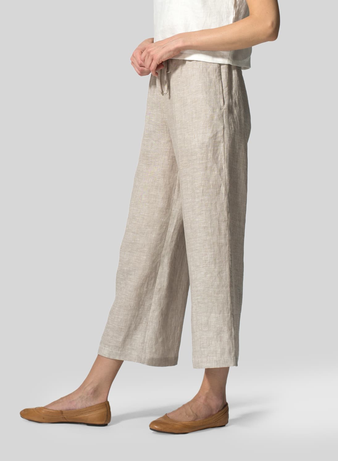 TWO TONE BEIGE LINEN DRAWSTRING CROPPED PANTS