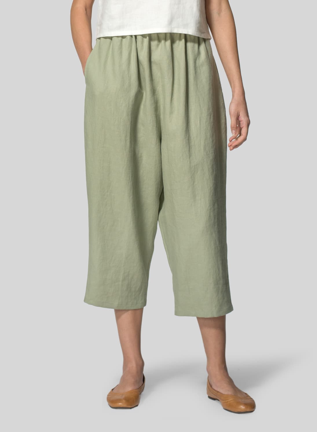MOSS GREEN LINEN CROPPED BAGGY PANTS