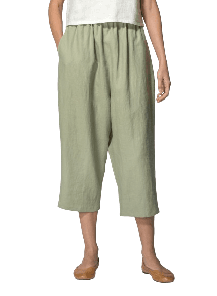MOSS GREEN LINEN CROPPED BAGGY PANTS