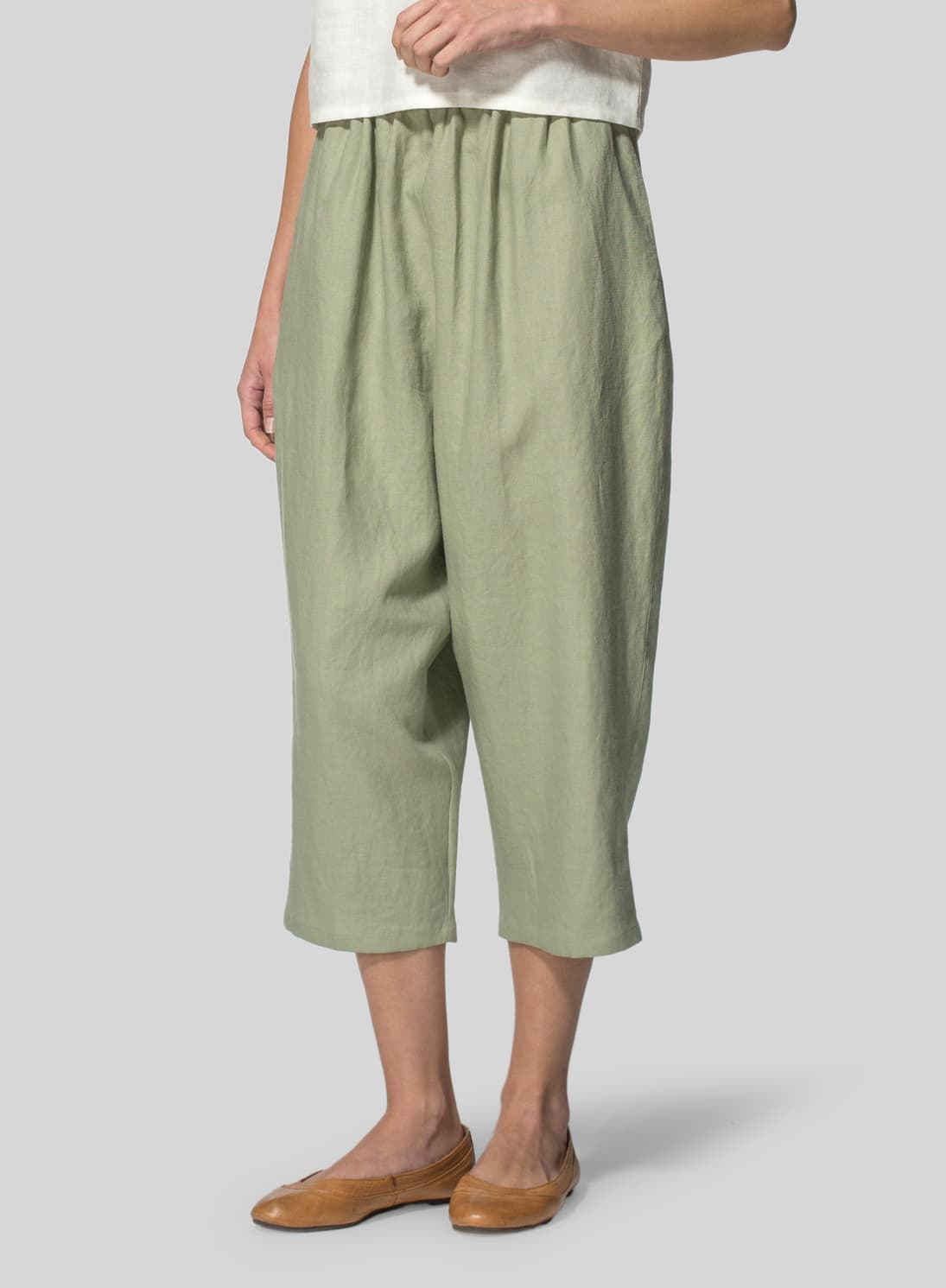MOSS GREEN LINEN CROPPED BAGGY PANTS