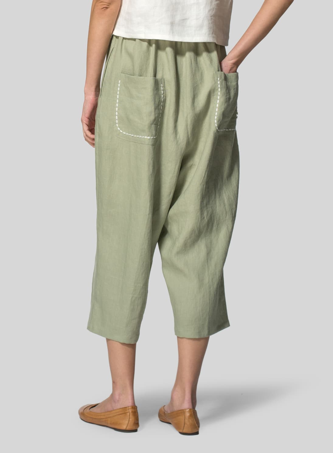 MOSS GREEN LINEN CROPPED BAGGY PANTS