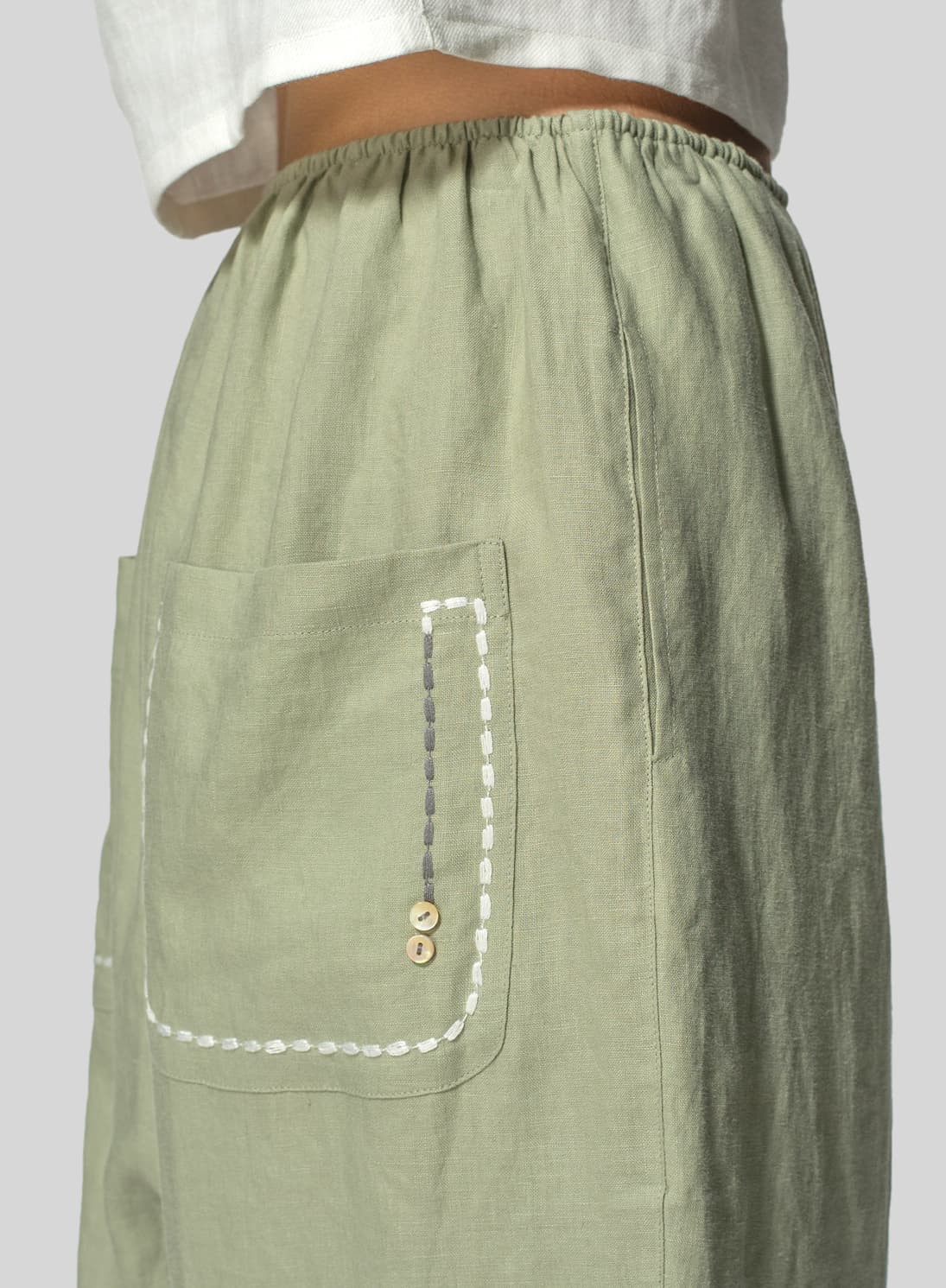 MOSS GREEN LINEN CROPPED BAGGY PANTS