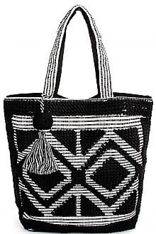 BOHO DIAMOND PATTERN PICNIC TOTE BAG WITH TASSELS