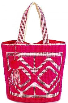 BOHO DIAMOND PATTERN PICNIC TOTE BAG WITH TASSELS