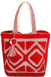 BOHO DIAMOND PATTERN PICNIC TOTE BAG WITH TASSELS