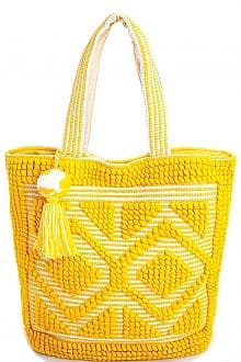 BOHO DIAMOND PATTERN PICNIC TOTE BAG WITH TASSELS