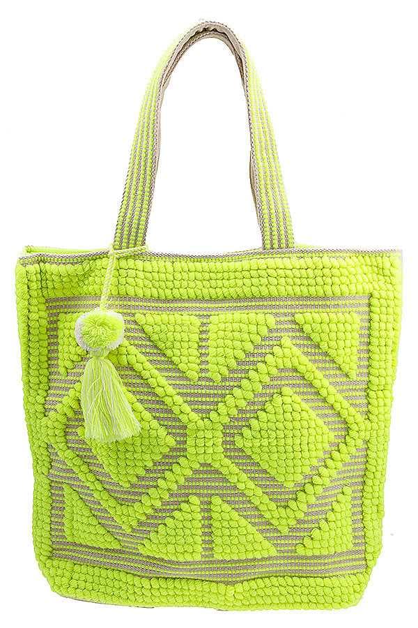 BOHO DIAMOND PATTERN PICNIC TOTE BAG WITH TASSELS