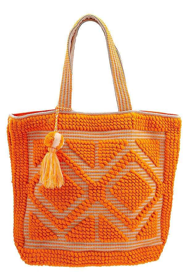 BOHO DIAMOND PATTERN PICNIC TOTE BAG WITH TASSELS