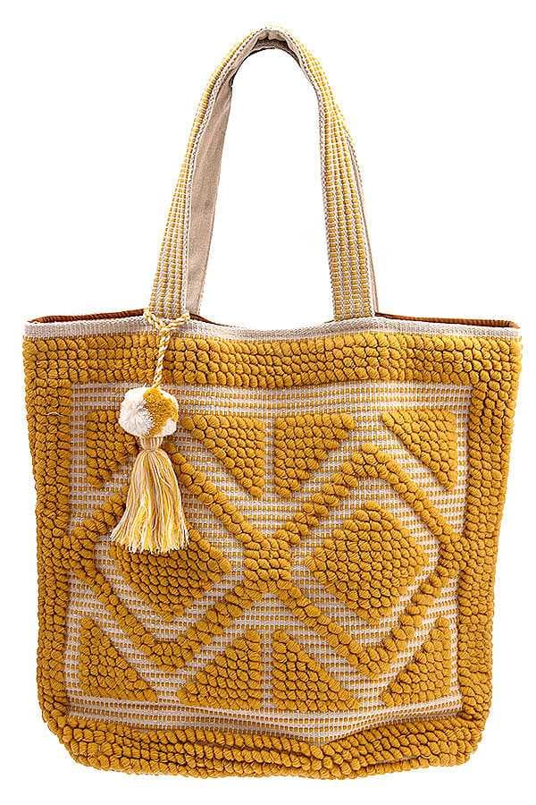 BOHO DIAMOND PATTERN PICNIC TOTE BAG WITH TASSELS