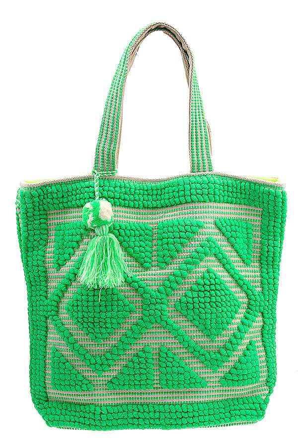 BOHO DIAMOND PATTERN PICNIC TOTE BAG WITH TASSELS