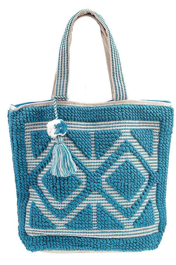 BOHO DIAMOND PATTERN PICNIC TOTE BAG WITH TASSELS