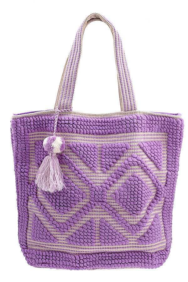BOHO DIAMOND PATTERN PICNIC TOTE BAG WITH TASSELS
