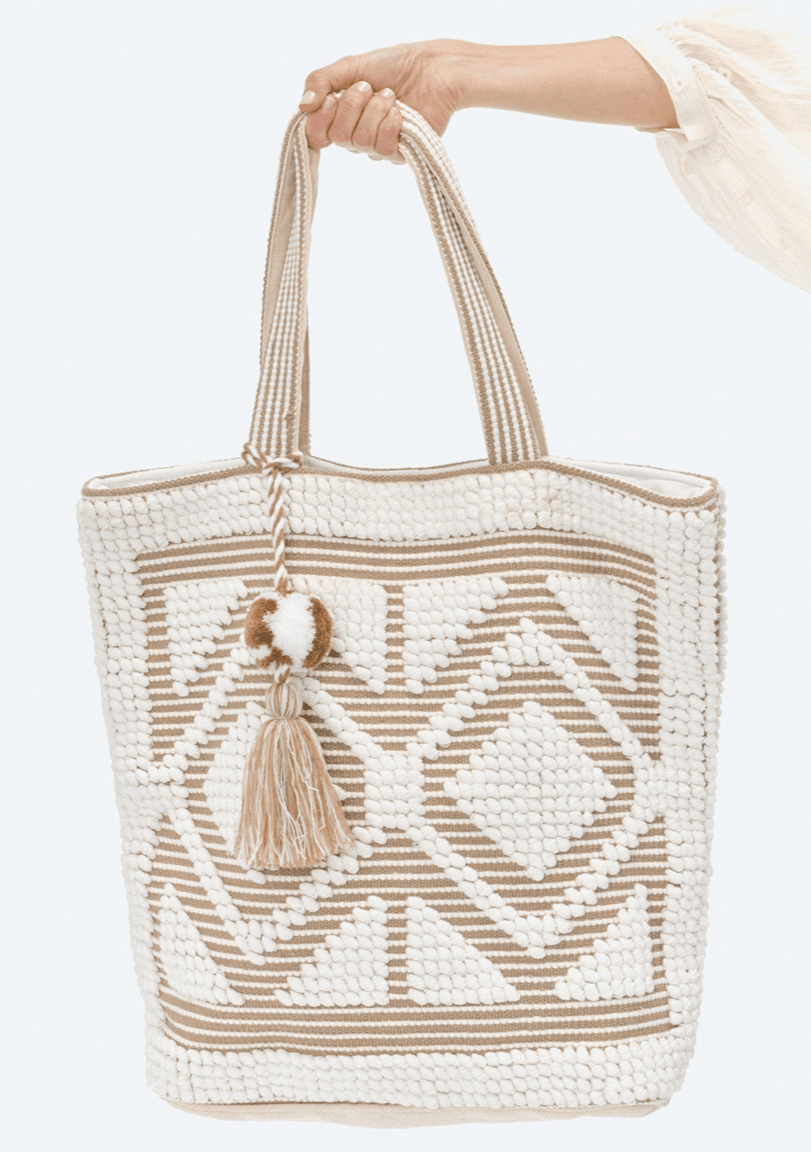 BOHO DIAMOND PATTERN PICNIC TOTE BAG WITH TASSELS