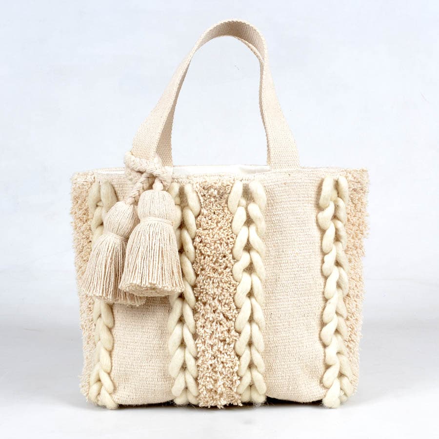 TUFTED AND TASSELED HANDLOOM TOTE BAG