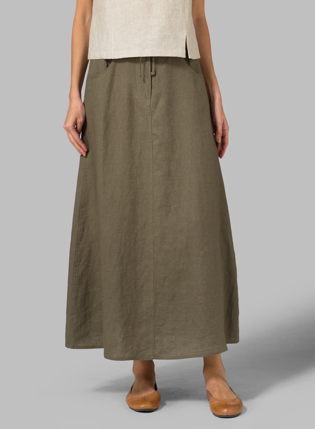 KHAKI GREEN LINEN HIGH RISE LONG SKIRT