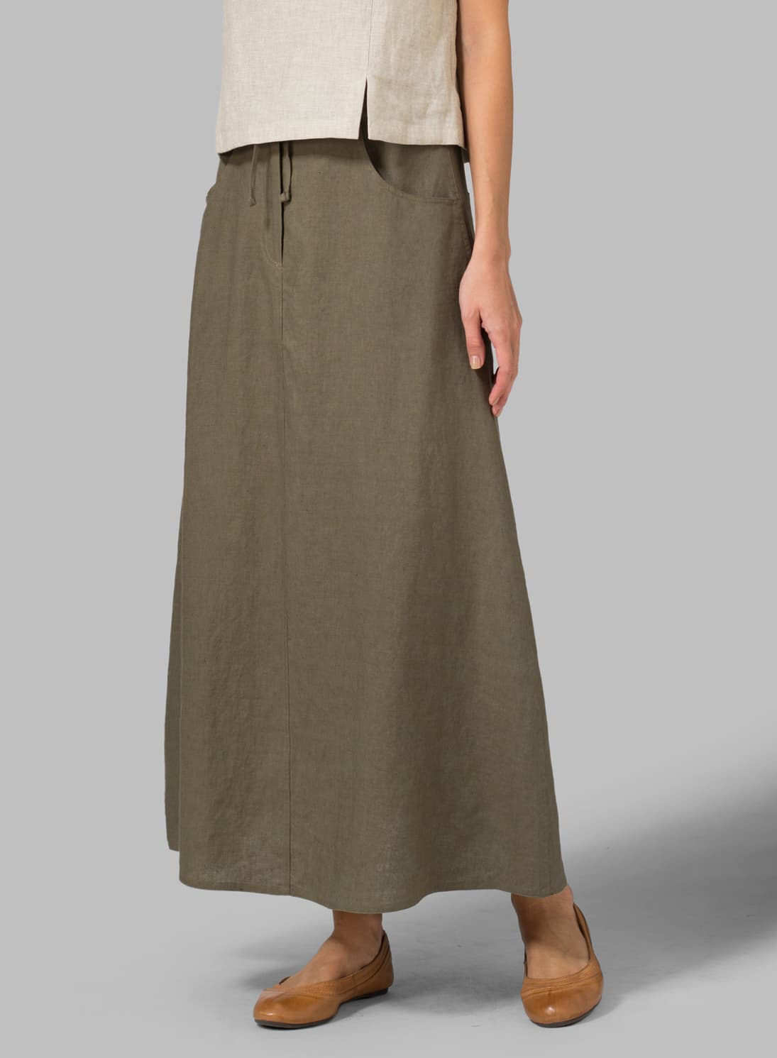 KHAKI GREEN LINEN HIGH RISE LONG SKIRT
