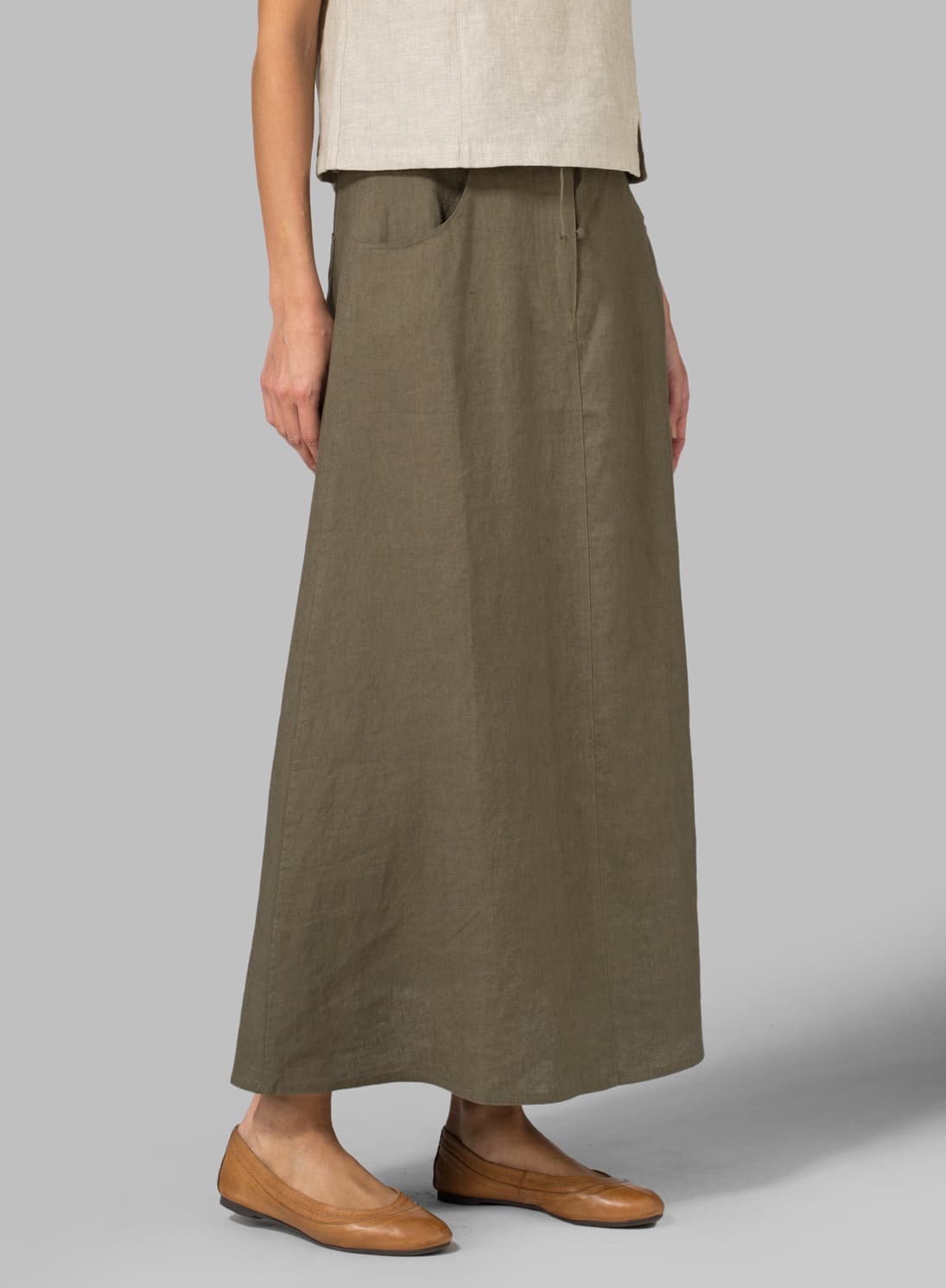 KHAKI GREEN LINEN HIGH RISE LONG SKIRT