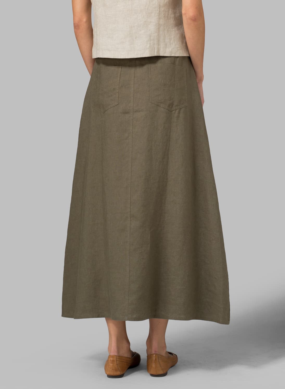 KHAKI GREEN LINEN HIGH RISE LONG SKIRT