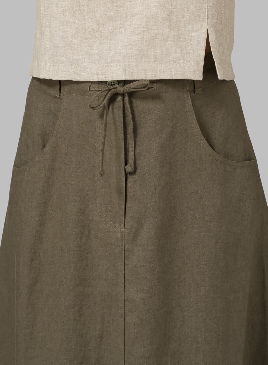 KHAKI GREEN LINEN HIGH RISE LONG SKIRT