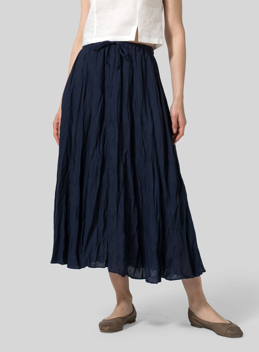 NAVY LINEN LONG FLARED SKIRT