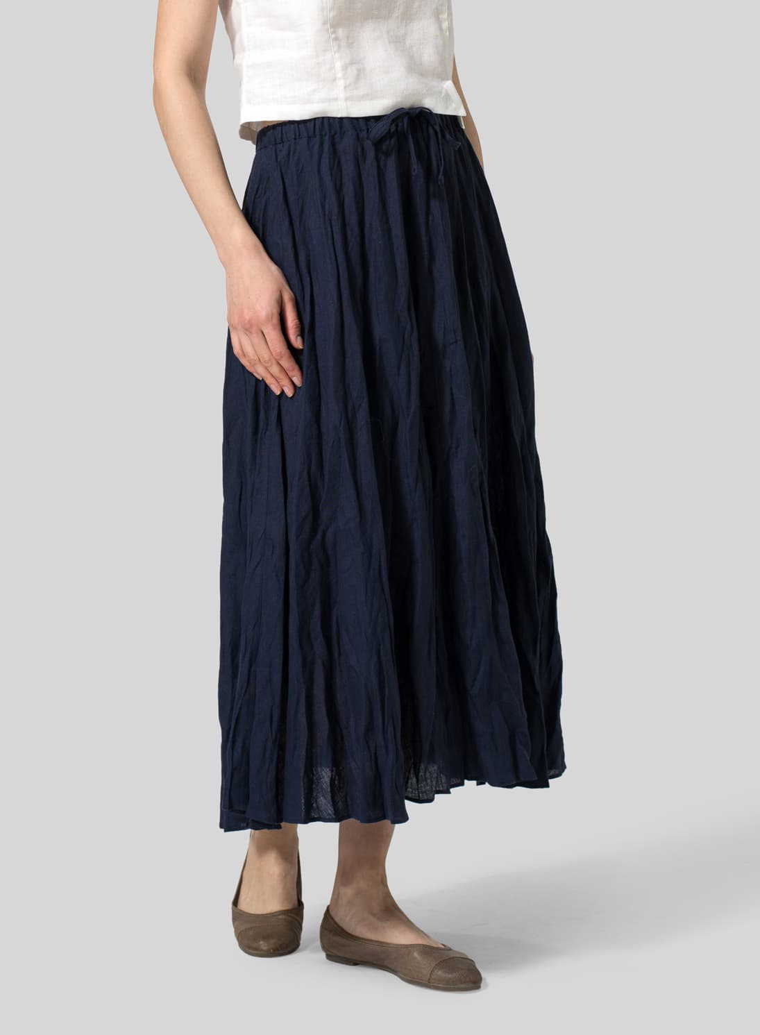 NAVY LINEN LONG FLARED SKIRT
